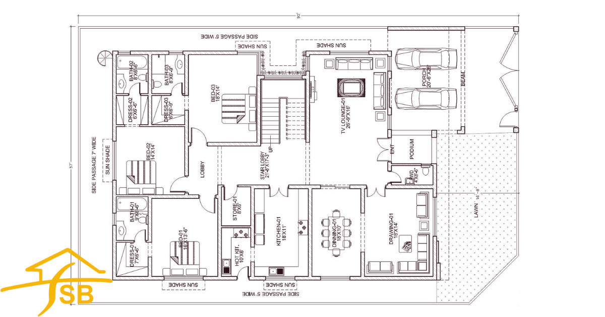 Standard 1 Kanal Single Story House Corner Plot Plan